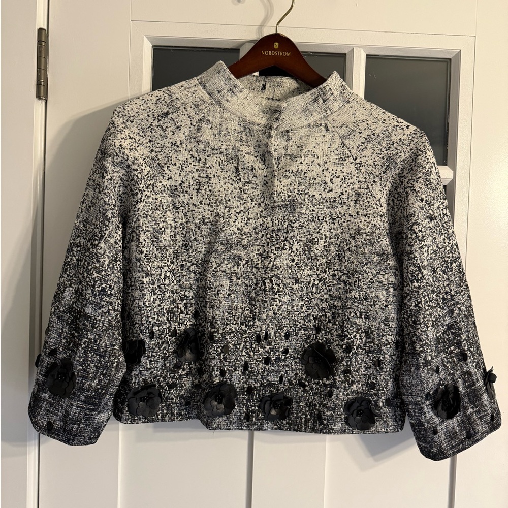Black and White Textured Sweater with Floral Accents